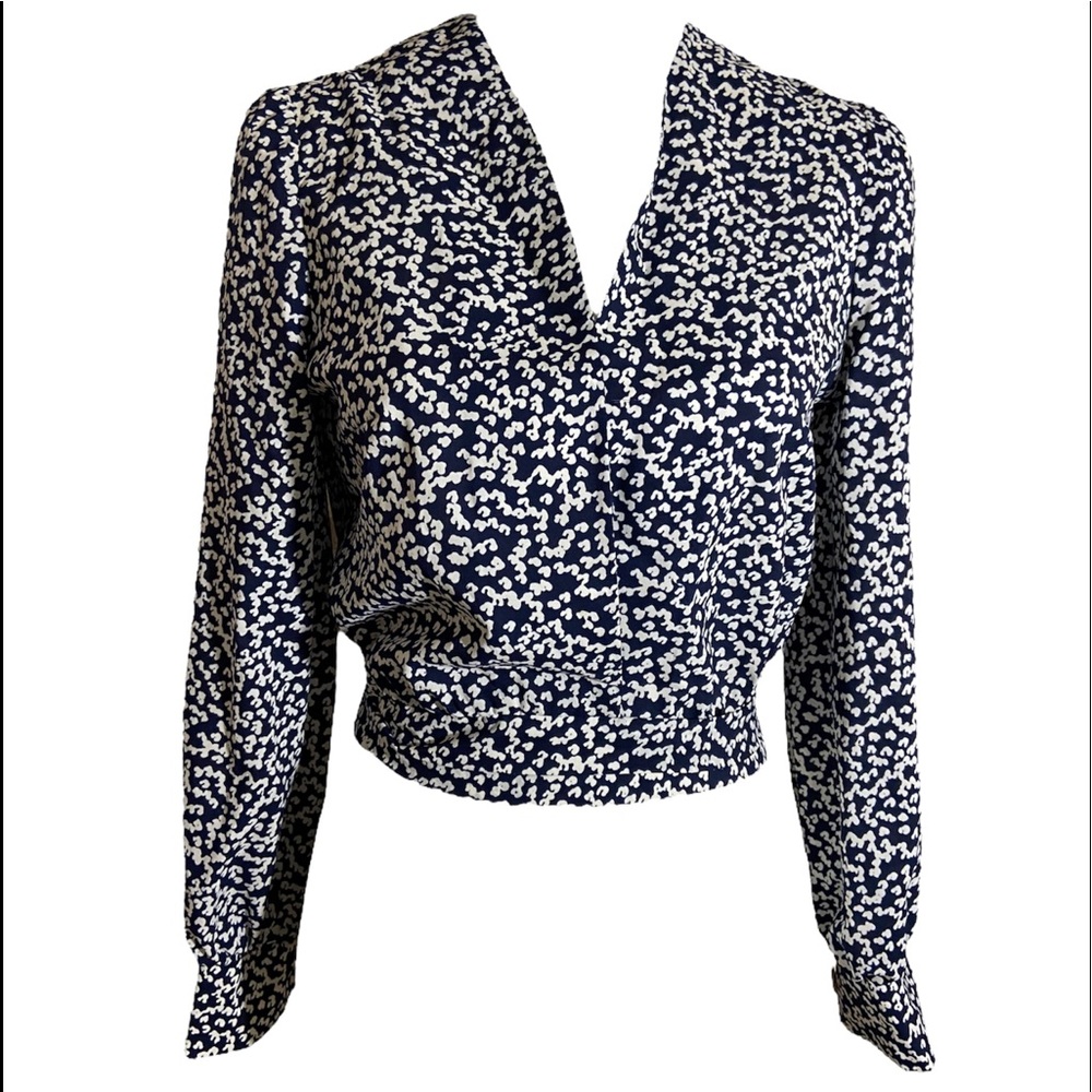 Custom tailored Nardis of Dallas Blue White Print Wrap Blouse - Size Medium